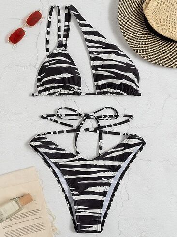 OYOANGLE Women's 2 Pieces Zebra Striped Print One Shoulder High Cut Bikini Swimsuit Set Bathing Suit in Saudi Arabia