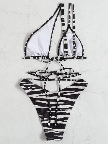 OYOANGLE Women's 2 Pieces Zebra Striped Print One Shoulder High Cut Bikini Swimsuit Set Bathing Suit in Saudi Arabia