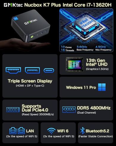 GMKtec Mini PC Preinstalled Windows 11 Pro Intel Core i7-1195G7 (Turbo 5.0 GHz) 512GB SSD 16GB DDR4, Desktop Mini Computers WiFi 6, USB3.2, BT 5.2, DP, HDMI, RJ45 2.5G M2 Pro Black in Kuwait