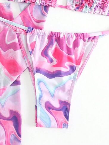 OYOANGLE Women's 4 Piece Swimsuits Printed Sleeveless Triangle Tie Backless Halter Bikini Sets with Cover Ups in Saudi Arabia