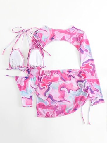 OYOANGLE Women's 4 Piece Swimsuits Printed Sleeveless Triangle Tie Backless Halter Bikini Sets with Cover Ups in Saudi Arabia