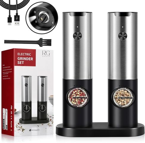 Rechargeable Electric Salt and Pepper Grinder Set, Automatic Spice Mill Shakers with Built in LED Lights, Adjustable Coarseness, Stainless Steel, Large Capacity, Automatic LED Light in Saudi Arabia