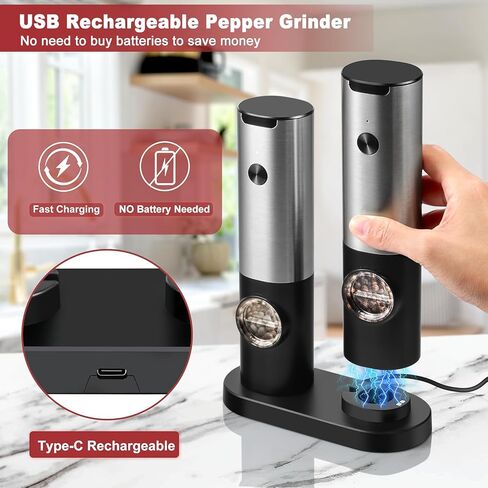 Rechargeable Electric Salt and Pepper Grinder Set, Automatic Spice Mill Shakers with Built in LED Lights, Adjustable Coarseness, Stainless Steel, Large Capacity, Automatic LED Light in Saudi Arabia