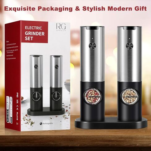 Rechargeable Electric Salt and Pepper Grinder Set, Automatic Spice Mill Shakers with Built in LED Lights, Adjustable Coarseness, Stainless Steel, Large Capacity, Automatic LED Light in Saudi Arabia