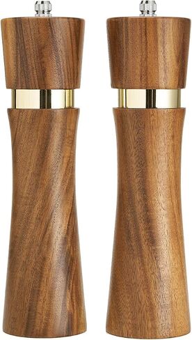 Acacia Wood Manual Salt and Pepper Grinder Set, 8 inches Refillable Pepper and Salt Mill Set, Salt Grinder Pepper Mill with Adjustable Coarseness, for Restaurant Hotel By DEERLET (2pcs,wood-gold) in Saudi Arabia