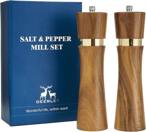Acacia Wood Manual Salt and Pepper Grinder Set, 8 inches Refillable Pepper and Salt Mill Set, Salt Grinder Pepper Mill with Adjustable Coarseness, for Restaurant Hotel By DEERLET (2pcs,wood-gold) in Saudi Arabia