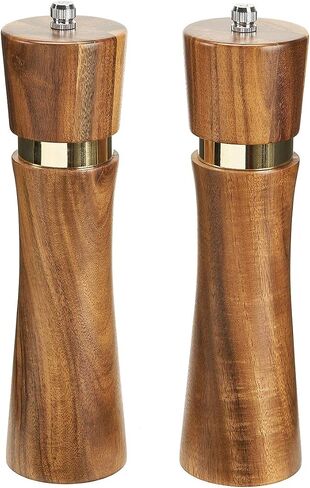 Acacia Wood Manual Salt and Pepper Grinder Set, 8 inches Refillable Pepper and Salt Mill Set, Salt Grinder Pepper Mill with Adjustable Coarseness, for Restaurant Hotel By DEERLET (2pcs,wood-gold) in Saudi Arabia