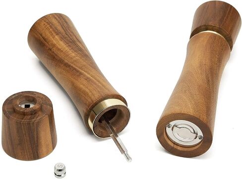 Acacia Wood Manual Salt and Pepper Grinder Set, 8 inches Refillable Pepper and Salt Mill Set, Salt Grinder Pepper Mill with Adjustable Coarseness, for Restaurant Hotel By DEERLET (2pcs,wood-gold) in Saudi Arabia