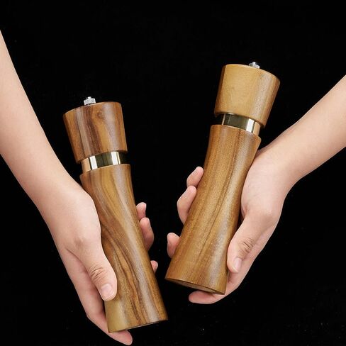 Acacia Wood Manual Salt and Pepper Grinder Set, 8 inches Refillable Pepper and Salt Mill Set, Salt Grinder Pepper Mill with Adjustable Coarseness, for Restaurant Hotel By DEERLET (2pcs,wood-gold) in Saudi Arabia
