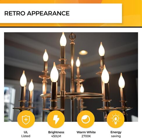 Hizashi LED Frosted Candelabra Light Bulbs, E12 LED Bulb 40W Equivalent, Dimmable 2700K Warm White, Chandelier Light Bulbs, 90+CRI, 450LM, Flame Tip CA10, UL Listed, 12 Pack in Saudi Arabia