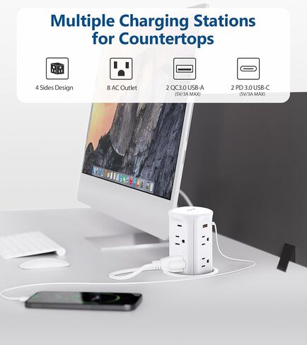 Pop up Outlet for Countertop,3-1/8 inch Hole Desk Grommet Power Station,20W USB C Fast Charging,8 Outlets 4-USB,Kitchen Island Pop Up Electrical Outlet,Office Power Supply,Black in Saudi Arabia