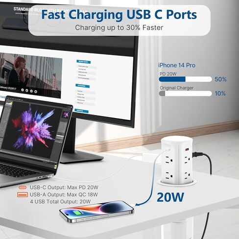 Pop up Outlet for Countertop,3-1/8 inch Hole Desk Grommet Power Station,20W USB C Fast Charging,8 Outlets 4-USB,Kitchen Island Pop Up Electrical Outlet,Office Power Supply,Black in Saudi Arabia