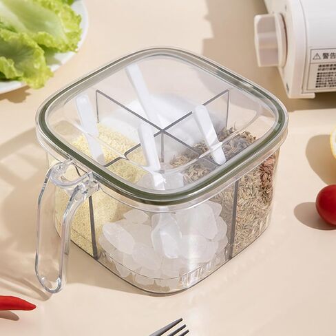 4 Compartments Seasoning Box with Cover and 4 Serving Spoons, Transparent Spice Pot Clear Seasoning Storage Box Container Kitchen Condiment Jars for Kitchen Salt Pepper Sugar in Saudi Arabia