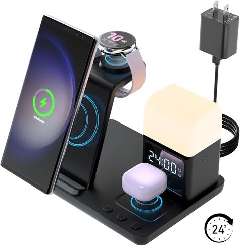 Wireless Charger, 6 in 1 Charging Station with Alarm Clock and Light for iPhone 15/14/13/12/11 X Pro Max for Apple Watch Charger for AirPods 3/2/Pro(Pink) in Saudi Arabia