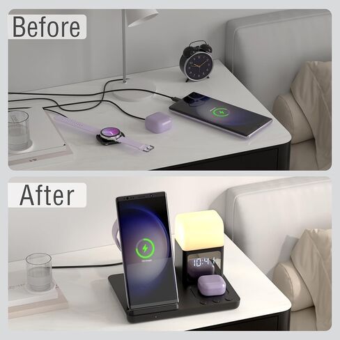 Wireless Charger, 6 in 1 Charging Station with Alarm Clock and Light for iPhone 15/14/13/12/11 X Pro Max for Apple Watch Charger for AirPods 3/2/Pro(Pink) in Saudi Arabia