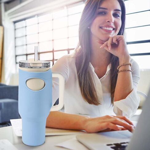Protective Silicone Boot for Stanley Quencher Tumbler 40oz, Anti-Scratch Water Bottle Sleeve Case Full Cover BPA-Free Cup Bottom Protector Logo & Handle Cutout Design (Light Blue) in Saudi Arabia