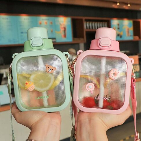 زجاجة مياه Kawaii زجاجات مياه مربعة لطيفة مع زجاجة شرب مربعة من القش، إبريق ماء محمول مانع للتسرب للاستخدام في الهواء الطلق، 24 أونصة (700 مل) (وردي) in Saudi Arabia