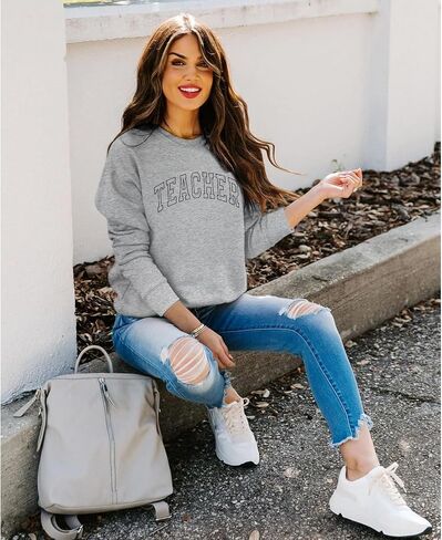 Teacher Sweatshirts for Women Cute Teacher Life Graphic Shirt Inspirational Long Sleeve Crewneck Loose Pullover Tops in Kuwait