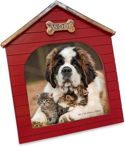 Isaac Jacobs 4x4 Natural Resin Sentiments Woof Doghouse Frame, Vertical Keepsake Photo Frame with Easel and Hanging Tabs for Tabletop, Desktop & Wall Display (4x4, Natural) in Saudi Arabia