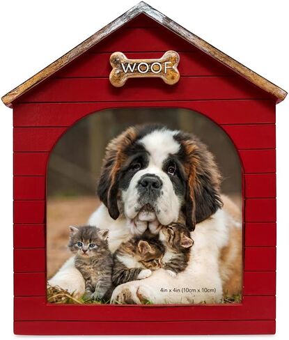 Isaac Jacobs 4x4 Natural Resin Sentiments Woof Doghouse Frame, Vertical Keepsake Photo Frame with Easel and Hanging Tabs for Tabletop, Desktop & Wall Display (4x4, Natural) in Saudi Arabia