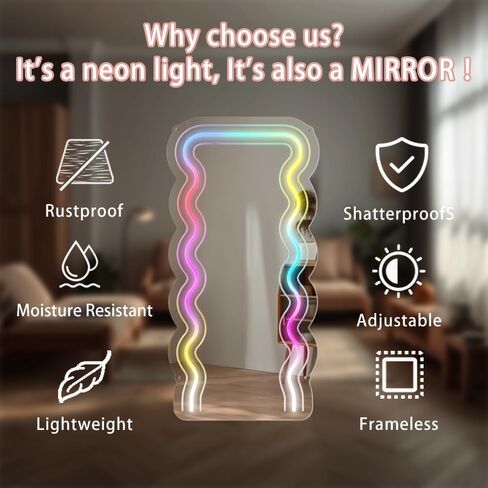 JXIN Dream Color Mirror Neon Sign مع جهاز تحكم عن بعد، 10 * 21 بوصة، ضوء مع 210 نوعًا من الألوان، لمرآة الملابس، مساعد المكياج، ديكور الحائط، غرفة النوم، غرفة المعيشة، هدية عيد الحب in Saudi Arabia