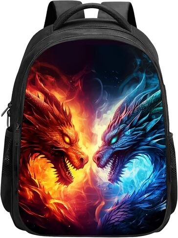 حقيبة ظهر تنين للأطفال الأولاد والبنات، حقيبة كتب كول فاير آند آيس دراجون، حقائب مدرسية من النايلون للأطفال الابتدائية، حقائب كتب تنين للأطفال حقيبة ظهر كاجوال للسفر، 15.7 بوصة، أزرق أحمر in Kuwait