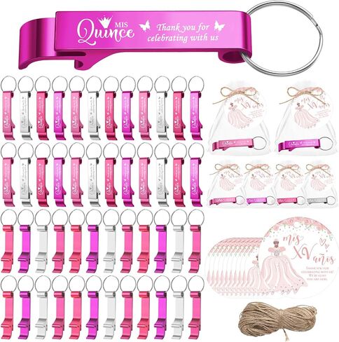 96 Set 15th Quinceañera Birthday Party Favors Includes Keychain Bottle Opener Favor Thank You Tags Organza Bags with Flax Rope for Guests Adults Wedding Anniversary Souvenirs Decor in Saudi Arabia