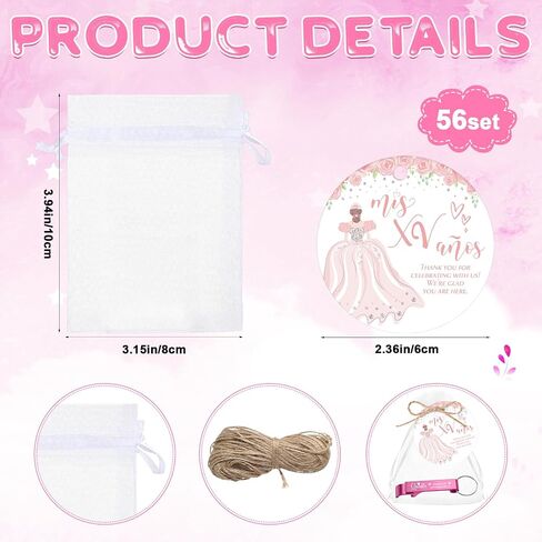 96 Set 15th Quinceañera Birthday Party Favors Includes Keychain Bottle Opener Favor Thank You Tags Organza Bags with Flax Rope for Guests Adults Wedding Anniversary Souvenirs Decor in Saudi Arabia