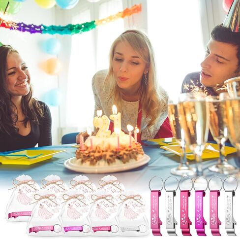 96 Set 15th Quinceañera Birthday Party Favors Includes Keychain Bottle Opener Favor Thank You Tags Organza Bags with Flax Rope for Guests Adults Wedding Anniversary Souvenirs Decor in Saudi Arabia