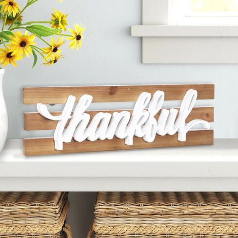 Rustic Thankful Signs for Home Decor 16 Inches, Hanging Wooden Craft Give Thanks Sign for Wall Decor Living Room, Handmade Farmhouse Thankful Grateful Blessed Sign for Bedroom Kitchen in Saudi Arabia