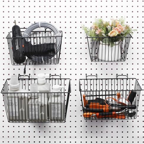 4 عبوات من سلال Pegboard من Sieral، مجموعة متنوعة من خطافات Pegboard لتخزين الأدوات المختلفة، نظام تخزين أجزاء Pegboard منضدة أرفف أسلاك معدنية لتنظيم ملحقات الأجهزة in Kuwait