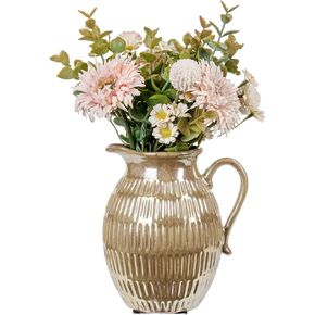 MyGift Vintage Small Jug Flower Vase, Off-White Vertical Ribbed Ceramic Tabletop Decorative Pitcher Home Decor Floral Arrangement Planter Vase
