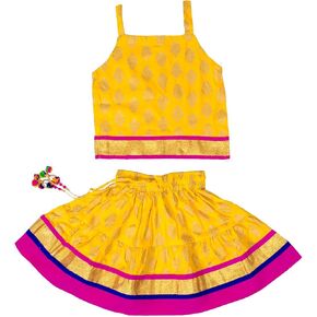 مجموعة Chandrakala Kids Lehenga Choli للفتيات من ملابس الحفلات الهندية التقليدية، تنورة علوية - من 6 إلى 18 شهرًا، أصفر ذهبي (KL118YEL1)