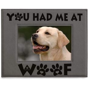 KATE POSH - You had me at WOOF Engraved Leather Picture Frame - Dog Lover Gifts, Birthday Gifts, Pet Memorial Gifts, New Puppy Gifts, Paws and Bones Decor (5x7-Horizontal)