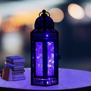 Black Decorative Metal Candle Lantern, 11 Inch Tall Moroccan Style Hanging Lantern, Black Metal with Red Glass Medium Size (New Black Red-2)