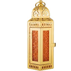 Black Decorative Metal Candle Lantern, 11 Inch Tall Moroccan Style Hanging Lantern, Black Metal with Red Glass Medium Size (New Black Red-2)