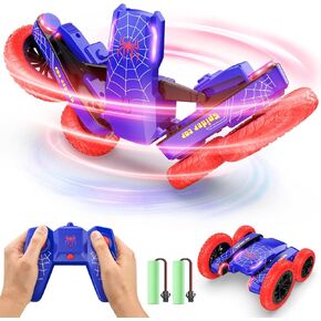 DEERC Iron Remote Control Car - Double Sided Mini RC Stunt Car, 360°Rotating 4WD Off-Road RC Cars with Headlights 2.4Ghz Indoor/Outdoor Rechargeable Toy Car for Boys Girls Age 4-7 8-12 Birthday Gift