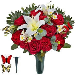 SUHOOKOO Artificial Cemetery Flower for Grave Decor, Silk Lily Rose Carnation Hibiscus Daisy Mix Memorial Bouquet,Easy Fit and Colorfast，Red-White