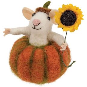 Mouse Critter in Pumpkin Felted Ornament, White, Orange