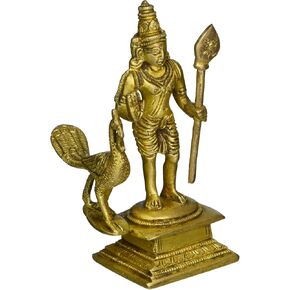 God Murugan Swami Miniature Brass Statue with Peacock, Handcrafted Decor Item for Home, Temple, Gifting & Car, 2.25 x 3 x 4.3 Inches