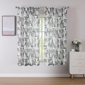 SXZJTEX Semi Sheer Leaf Curtains,Botanical Vintage Modern Farmhouse Curtains for Living Room,84 inch Long Drapes White and Blue Light Filtering Window Treatment,Rod Pocket,52" Wx84 L,2 Panels Set