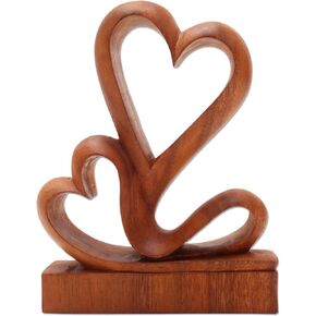NOVICA Heart Shaped Natural Brown Romantic Love Suar Wood Sculpture, 7.75" 'Two Hearts'