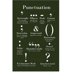 Punctuation Grammar Writing Chart Poster Green Color English Class Sign Diagram Classroom Educational Cool Wall Art Print Poster 16x24