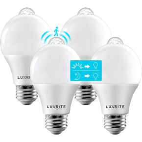 LUXRITE A19 LED Motion Sensor Light Bulbs, 60W Equivalent, Motion Activated Dusk to Dawn Sensor, 5000K Bright White, 800 Lumens, Security Light Bulb, Indoor/Outdoor, UL Listed, E26 Base (2 Pack)
