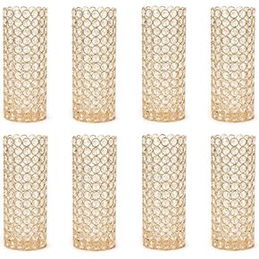 Crystal Hollow Decorative Ellipse Vase - 2 Pcs Cylinder Floral Vase - Gold vases for centerpieces, Bling Home Decor, Decorative Cylinder Candle Holders, 10.4 Inches