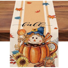 Fall Scarecrow Pumpkin Hot Cocoa Table Runner, Autumn Maple Leaves Sunflower Cookie Kitchen Dining Table Decoration, Seasonal Burlap Indoor Outdoor Home Decor Party Supply 13 x 72 Inch