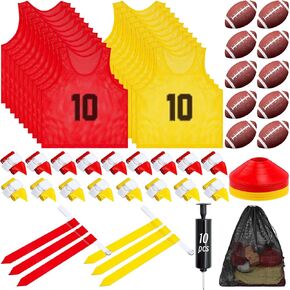 Meooeck 20 Player Outdoor Sports Training Flag Football Set, Including Flag Football Jerseys, Easy Tear Away Belts and Flags, Flag Footballs, Cones, for Kids or Adults Flag Football Players