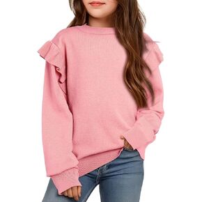 Girls Sweaters Cute Crewneck Ruffle Long Sleeve Knit Pullover Sweater Tops 6-15 Years