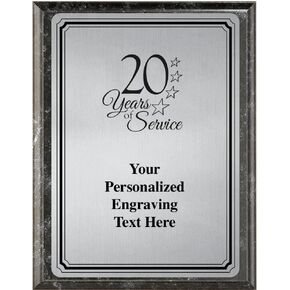 Crown Awards 20 Years of Service Plaque Award, 7x9 Personalized Silver Work Anniversary Employee Appreciation Metal Trophy On Black Marble Plaque with Custom Engraving Prime