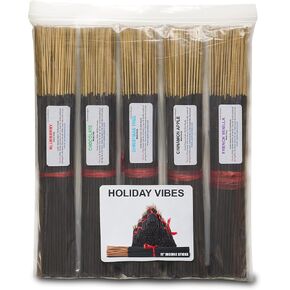 Holiday Vibes 11'' Incense Sticks - Variety Set 500 Pack - 11 inch - 5 Bundles 100 Sticks Per Fragrance Scent. Set Features Blueberry, Chocolate, Christmas Tree, Cinnamon Apple, French Vanilla